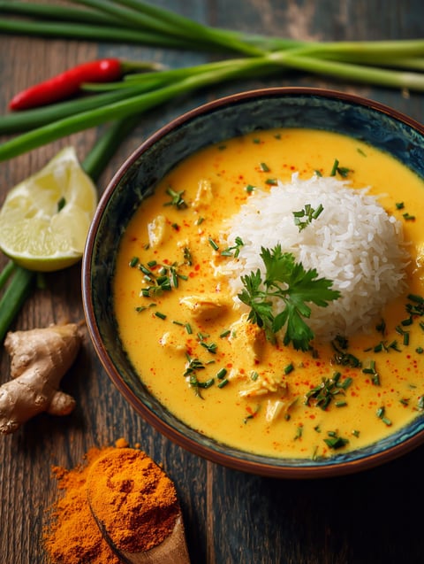 Une soupe curry avec des épices et des légumes.