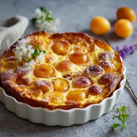 Un délicieux clafoutis aux fruits frais, tel que les quetsches, est présenté sur une table de granit.