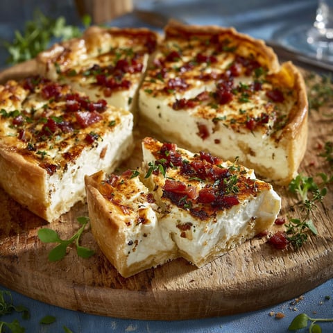 Une tarte garnie est servie sur un plateau de bois.