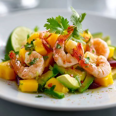 Une salade de fruits de mer et de légumes, avec des avocats, des mangos, des poivrons, des tomates et des herbes.