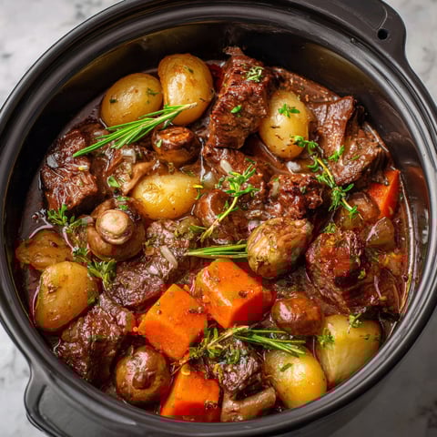 Un pot de bœuf avec des carottes et des champignons.