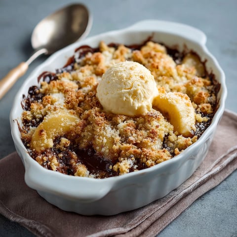 Une tarte aux pommes crumble avec une cuillère en argent.