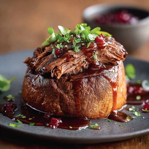 Une effiloché de boeuf est servie sur un plateau avec des légumes verts et une sauce.