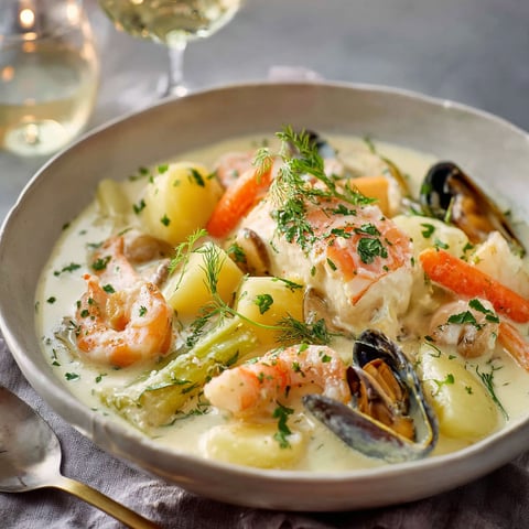 Une blanquette de poisson et des légumes, accompagnée d'une bouteille de vin blanc.