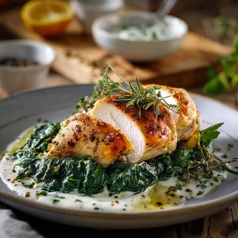 Un poulet fumé est servi sur une assiette avec des légumes verts et des herbes.