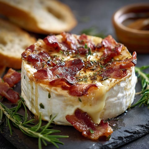 Une camembert riche et savoureuse, garnie de bacon et de herbes, est servie sur une table noire.