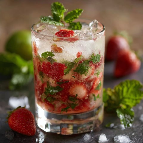 Un verre de Mojito Fraise avec des fraises et des herbes fraîches.