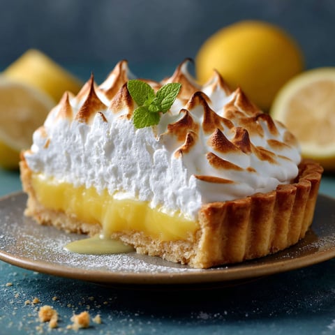 Une tarte au citron est servie sur un plateau en verre.