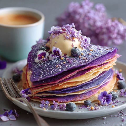 Une crêpe violette en forme de cake, garnie de fruits et de fleurs, est servie sur un plateau avec une tasse de café.