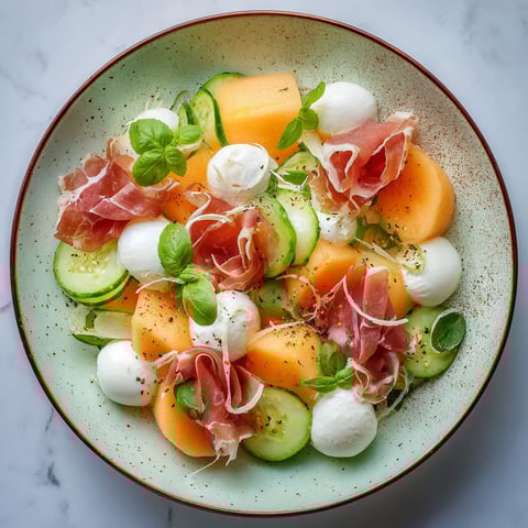 Une salade colorée et délicieuse, composée de cucumbers, de tomates, de bacon, de mozzarella et de basilic, servie dans un bol bleu.