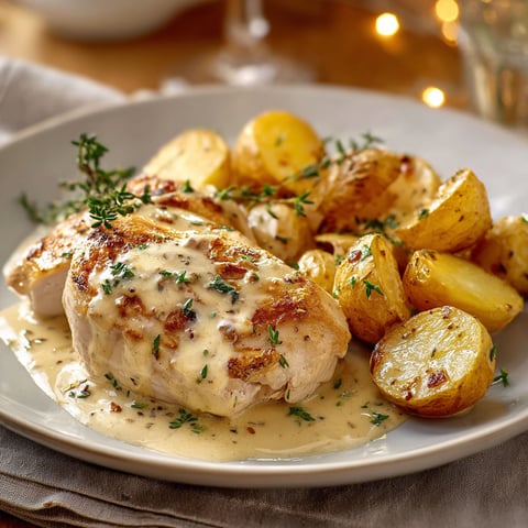 Une poitrine de poulet grillée avec des pommes de terre rôties et des herbes.