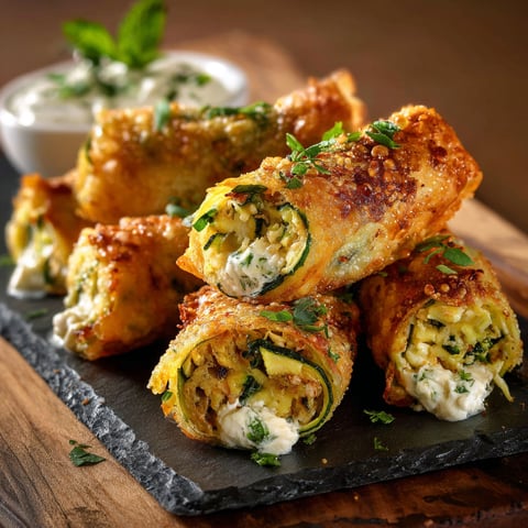 Cigares de courgette et fromage, servis sur un plateau noir.