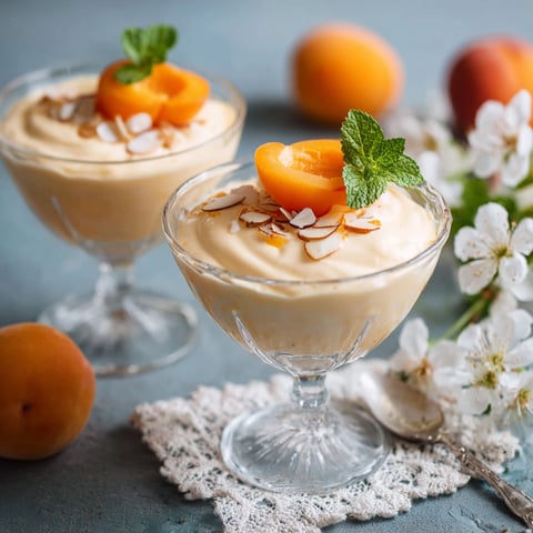 Desserts in glasses with a peach garnish, one of them is a mousse.