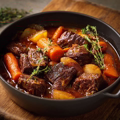 Un plat de bœuf braisé avec des carottes et des herbes.