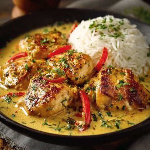 Poulet en sauce au curry avec des légumes verts.