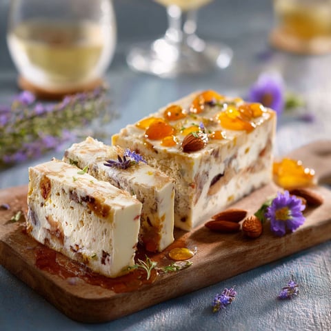 Une terrine de desserts sur un plateau de bois.