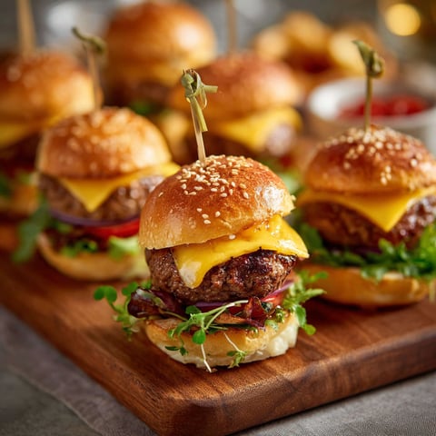 Une mini-burguerie de 6 mini-burgers sur une planche de bois.