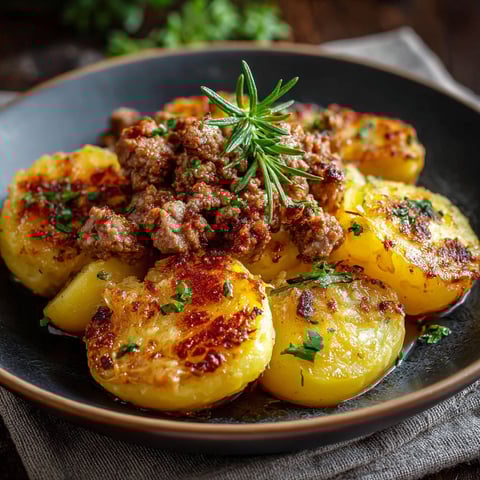 Une assiette de viande hachée accompagnée de légumes et de pommes de terre.