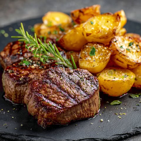 Steak grillé avec des pommes de terre et des herbes.