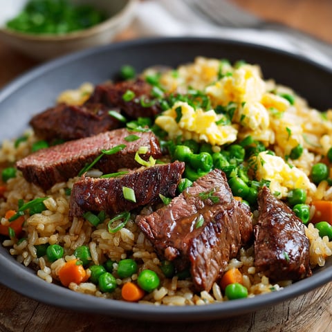 Un plateau de Riz Frit avec des morceaux de viande et des légumes.