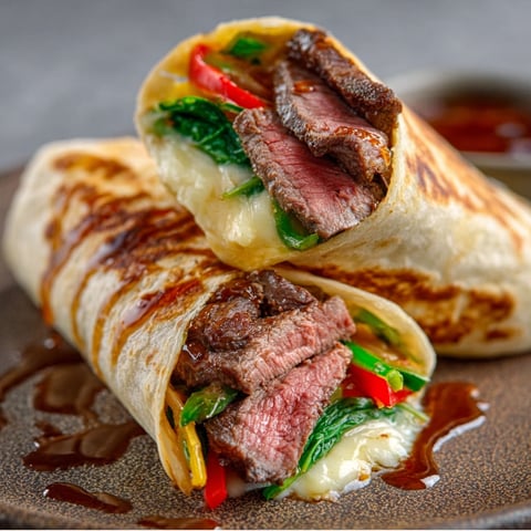 Un wrap au steak et légumes, avec une sauce au chocolat.