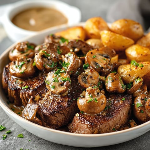 Bouchées de boeuf avec des champignons et des pommes de terre.