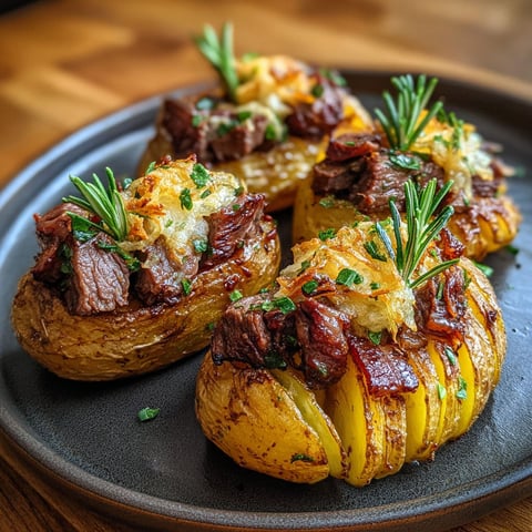 Pommes de terre farcies de viande et herbes, servis sur un plateau.