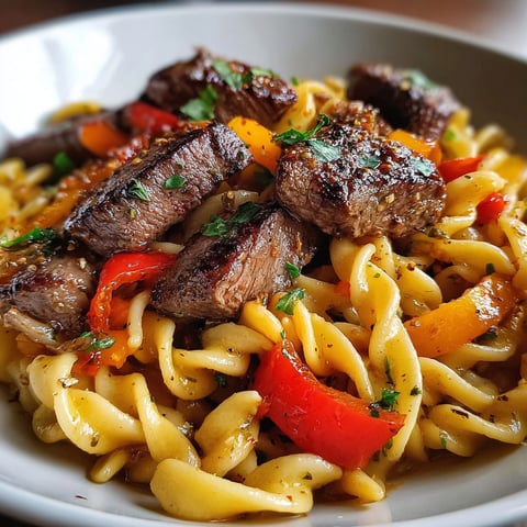 Une plate de pâtes au beef, avec des légumes et des herbes, est servie sur une table.