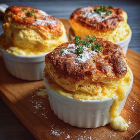 Soufflés au chocolat et à la crème, présentés sur un plateau de bois.