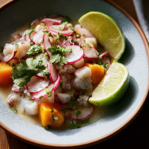 Une assiette de Ceviche Péruvien, avec des légumes frais et des épices, est servie sur une table.