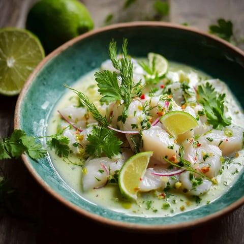 Une assiette de Ceviche, un plat de poisson mariné dans une sauce citron, avec des herbes et des limons.