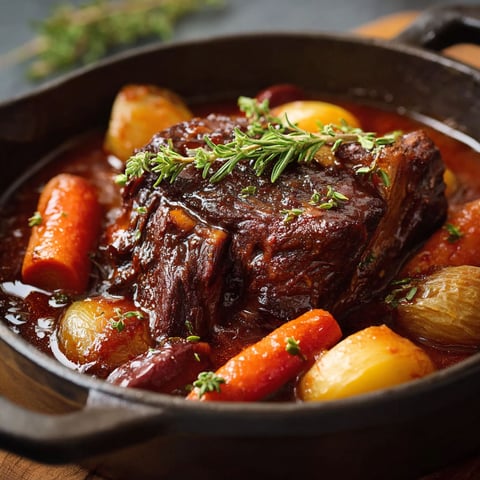 Un pot de jarret de boeuf avec des légumes et des herbes.