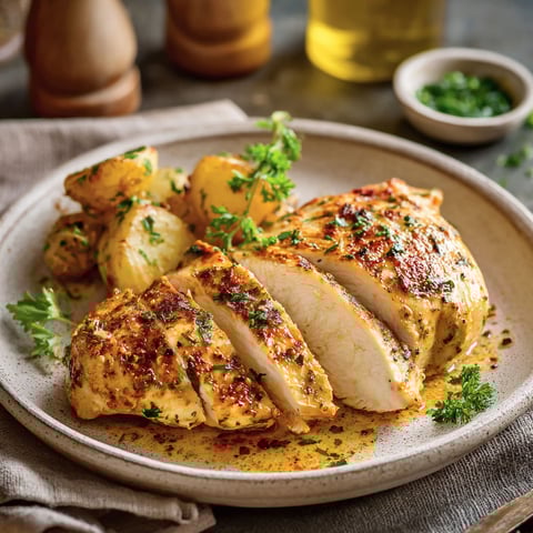 Une poitrine de poulet grillée avec des légumes verts et une sauce au yaourt.