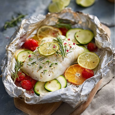 Une poissonade cabillaud est servie avec des légumes frais, des citrons et des herbes.