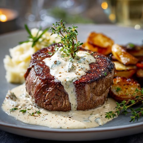 Un filet mignon est servi sur une assiette avec des pommes de terre et des herbes.