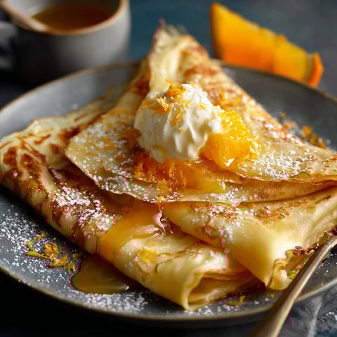 Une crêpe Suzette est servie sur un plateau avec une sauce au citron et des fruits.
