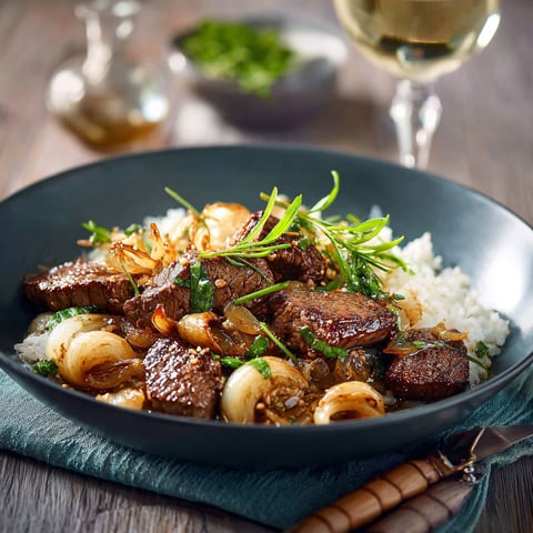 Une assiette de Bœuf Sauté, accompagnée d'une bouteille de vin blanc et d'une cuillère.