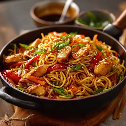 Une delicieuse préparation de nouilles sautées, servies dans un bol noir, accompagnées de légumes et de sauce.