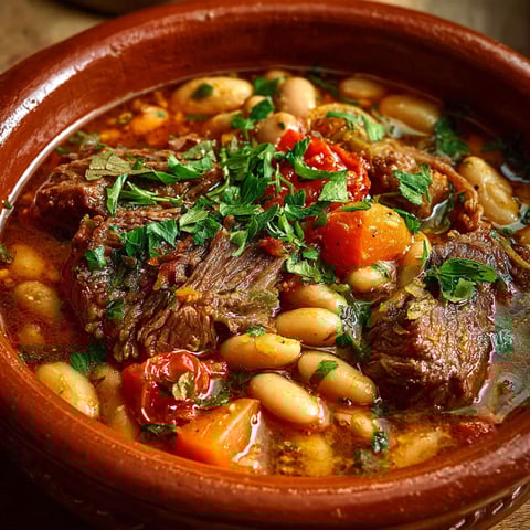 Loubia est un plat traditionnel marocain composé de viande de boeuf, de légumes et de haricots. Dans cette image, on peut voir une portion de Loubia dans un bol en terre cuite, accompagnée de légumes tels que des carottes et des tomates.