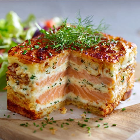 Une portion de croque cake est servie sur une table avec une salade.