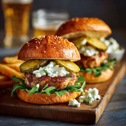 Les deux burgers morue sont sur une planche de bois.