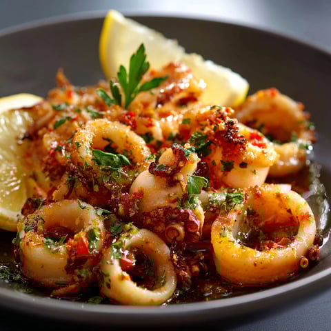 Plate of Calamars with lemon wedges and herbs.