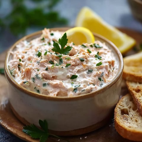 Une assiette de crème de salmon est servie avec des tranches de pain grillé.