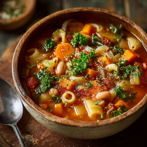 Une soupe minestrone chaude et savoureuse, remplie de légumes et de macaronis.