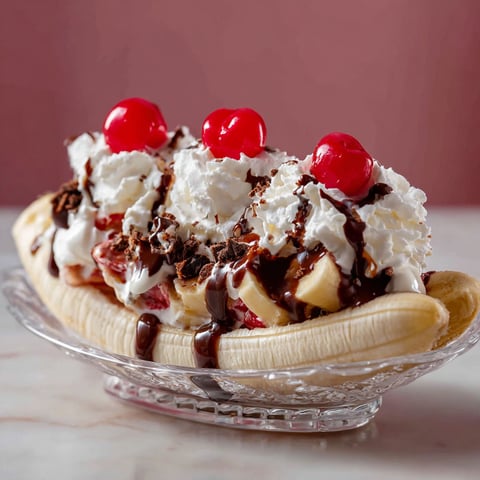 Une banana split garnie de cerises et de chocolat.