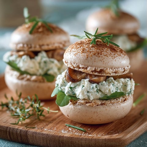 Macarons sur une planche de bois avec des herbes fraîches.
