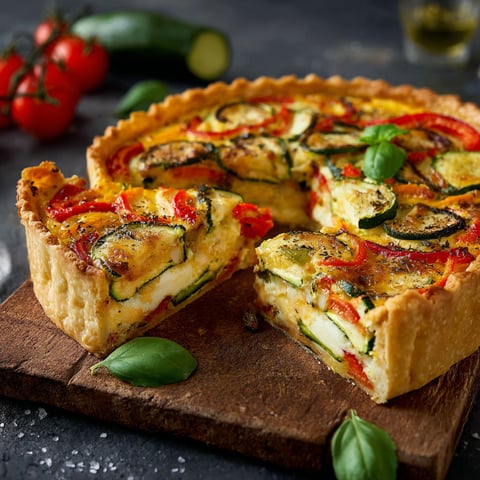 Une tarte roulée avec des légumes et des herbes, prête à être mangée.