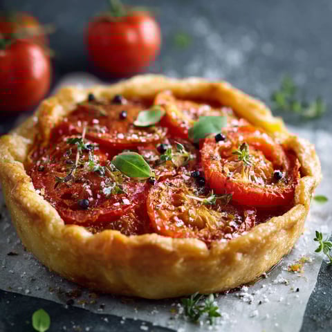 Une tarte à la tomate est servie sur une table.