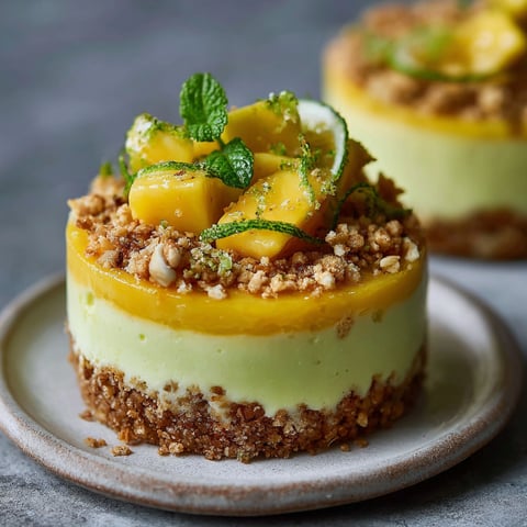 Une tarte aux fruits et cruste de noix, garnie de menthe et de citron.