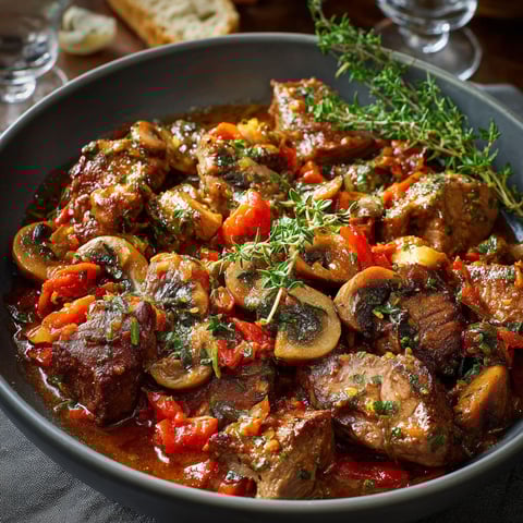 Un plat de Sauté de viande avec des champignons et des herbes.